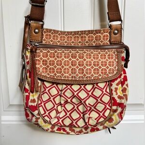 Fossil Red and Cream Canvas Crosshody Bag with Leather Trim, Key Charm 10x10x3
